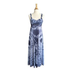 OLGA Vintage 70s Sleeping Pretty Nightgown Blue Lace Tie Dye Slip Dress Size 36